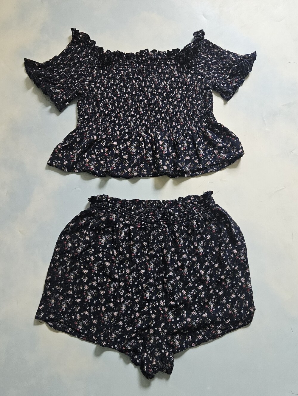 Tillys Navy Floral Smocked Off-Shoulder Top & Shorts Set Summer Set